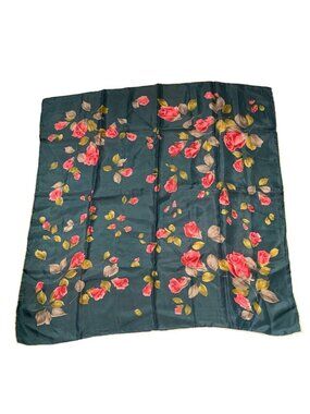 Vintage Teal Floral Acetate Hand Rolled Scarf Made in Japan 30"
